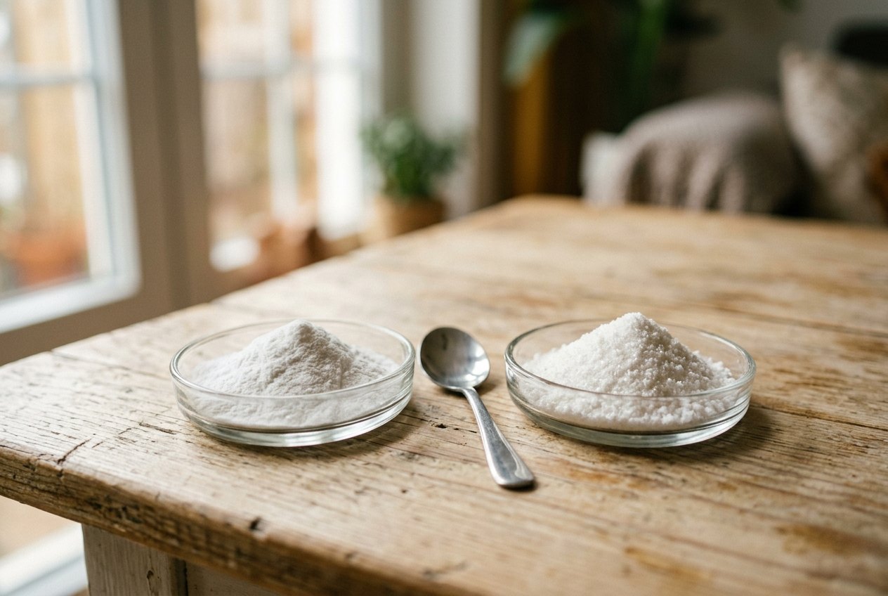 Twee schaaltjes creatinepoeder naast elkaar op een houten tafel