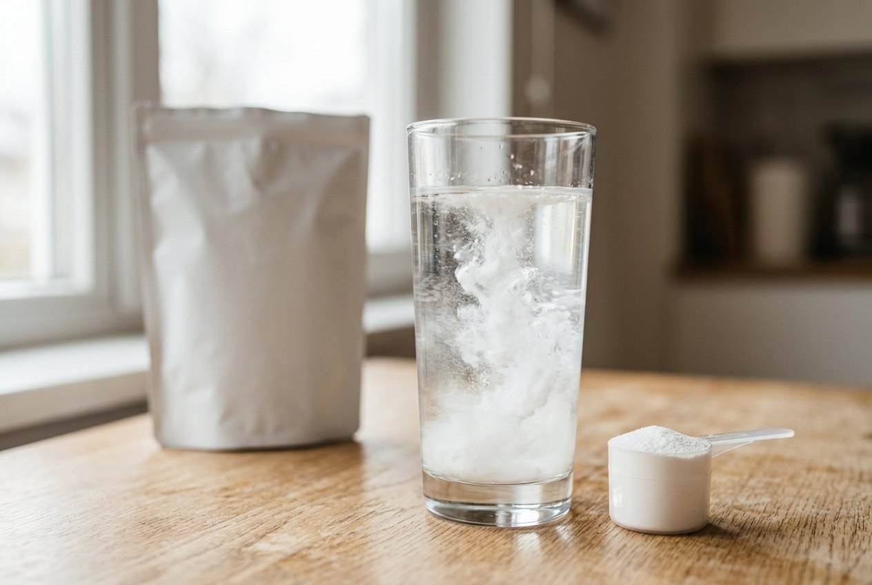 Glas water met oplossende creatine naast een maatschep en een zak poeder