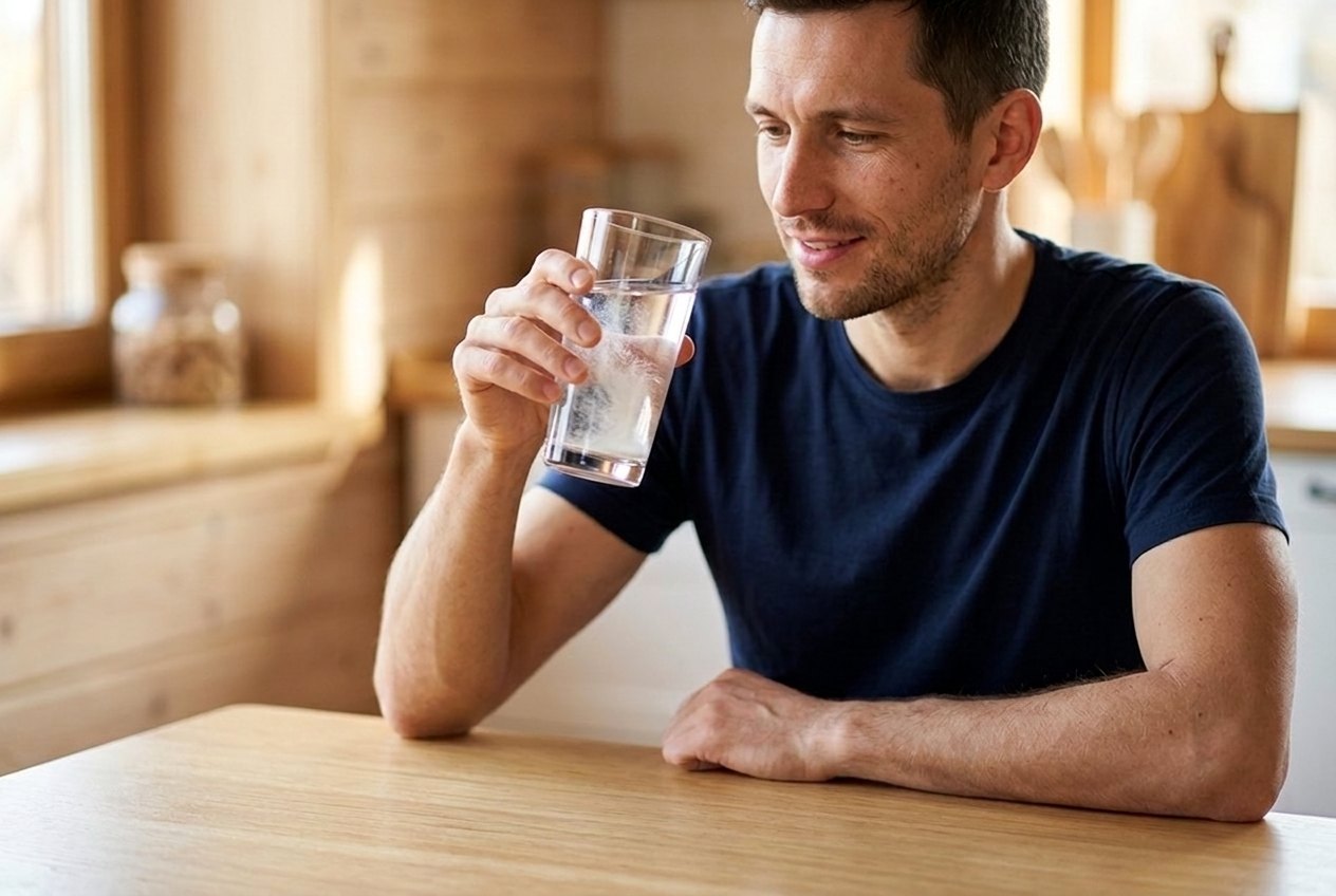 Man drinkt een glas water met opgeloste creatine aan de keukentafel
